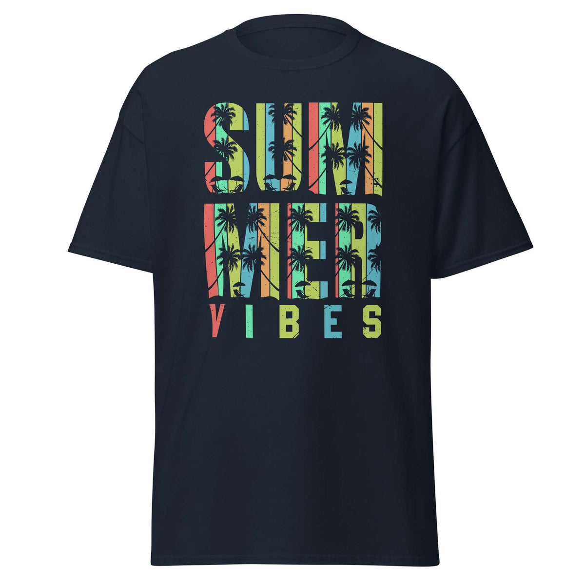 A navy blue short-sleeve t-shirt with a colorful graphic on the chest that reads 'SUMMER VIBES' filled with a tropical palm tree pattern, shown against a plain white background.