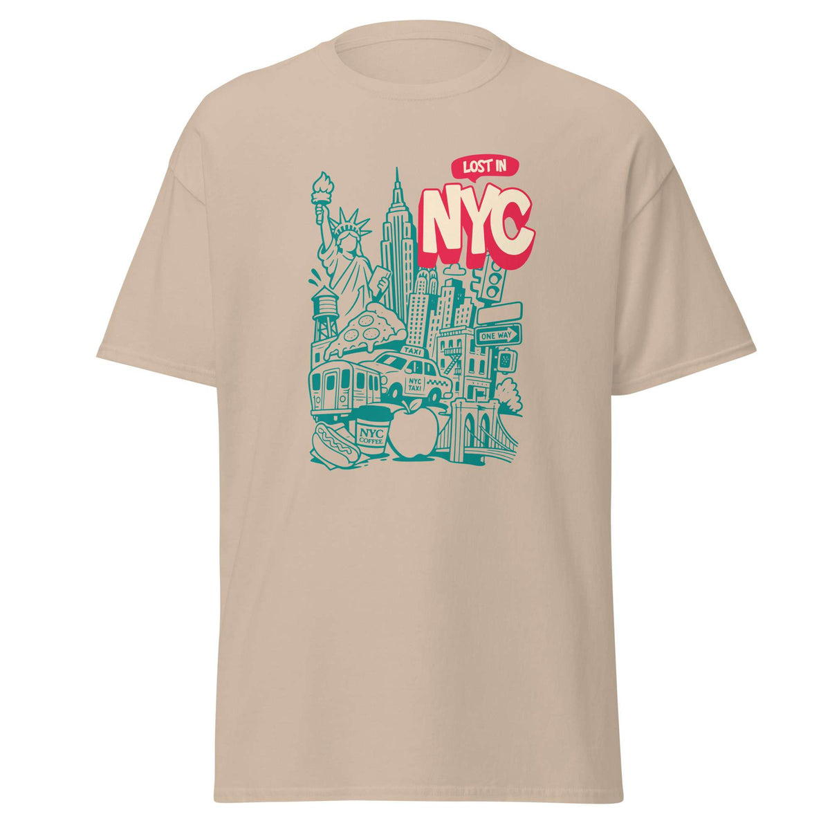 A beige short-sleeve crewneck t-shirt featuring a graphic print of New York City landmarks and the text 'LOST IN NYC' in red and teal. New York City Skyline Doodle Art Graphic T-Shirt Casual Wear Show your city pride with the New York City Skyline Doodle Art Graphic T-Shirt Casual Wear, featuring a playful urban design for everyday style. Buy New York City Skyline Doodle Art Graphic T-Shirt Casual Wear—a comfortable, creative wardrobe essential for NYC lovers and casual outfits. Add artistic city flair.