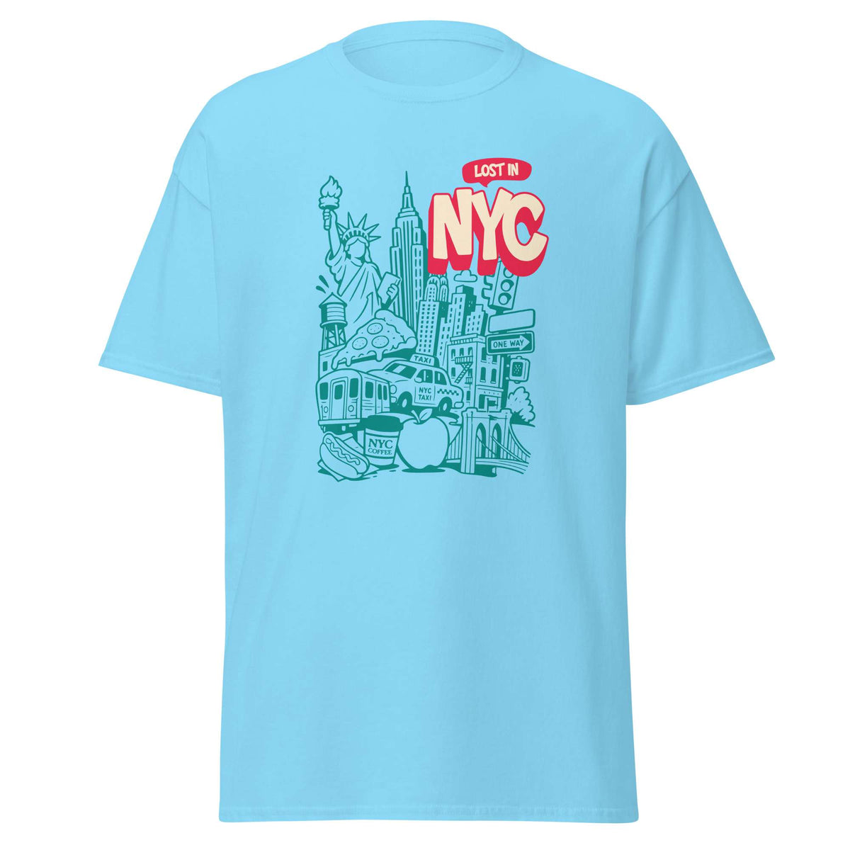 A light blue short-sleeve crewneck t-shirt featuring a graphic print of an NYC collage with the text 'LOST IN NYC' in red and white. New York City Skyline Doodle Art Graphic T-Shirt Casual Wear Show your city pride with the New York City Skyline Doodle Art Graphic T-Shirt Casual Wear, featuring a playful urban design for everyday style. Buy New York City Skyline Doodle Art Graphic T-Shirt Casual Wear—a comfortable, creative wardrobe essential for NYC lovers and casual outfits. Add artistic city flair.