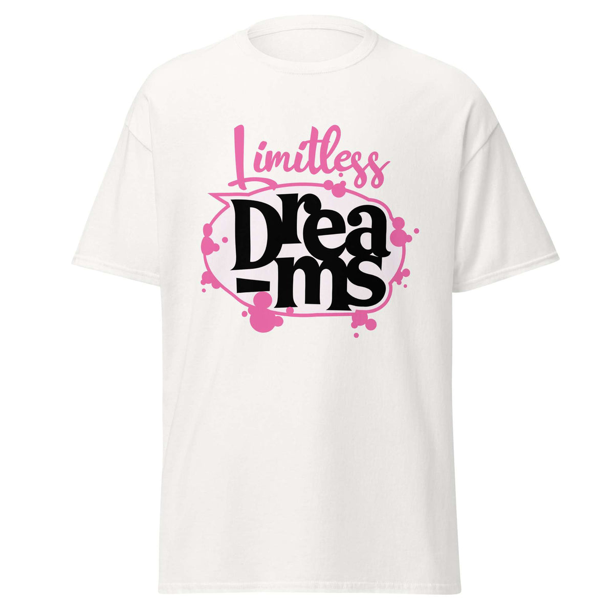 A white short-sleeve crewneck t-shirt featuring a graphic print on the front with the words 'Limitless Dreams' in pink and black stylized lettering. Motivational Quote Limitless Dreams T-Shirt Casual Wear Shop the Motivational Quote Limitless Dreams T-Shirt Casual Wear design, made for everyday comfort and bold, uplifting style that inspires confidence.