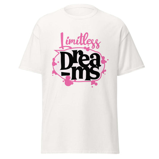 A white short-sleeve crewneck t-shirt featuring a graphic print on the front with the words 'Limitless Dreams' in pink and black stylized lettering. Motivational Quote Limitless Dreams T-Shirt Casual Wear Shop the Motivational Quote Limitless Dreams T-Shirt Casual Wear design, made for everyday comfort and bold, uplifting style that inspires confidence.