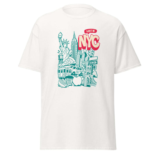 A white short-sleeve crewneck t-shirt featuring a colorful graphic print on the front. The graphic is a teal line-art illustration of iconic New York City landmarks, including the Statue of Liberty, the Empire State Building, a subway train, and a pizza slice, with the text 'LOST IN NYC' in red and teal.