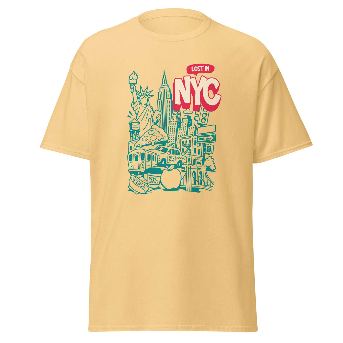A pale yellow short-sleeve crewneck t-shirt featuring a colorful graphic print of the NYC skyline, including the Statue of Liberty, the Empire State Building, a subway train, and the text 'LOST IN NYC'. New York City Skyline Doodle Art Graphic T-Shirt Casual Wear Show your city pride with the New York City Skyline Doodle Art Graphic T-Shirt Casual Wear, featuring a playful urban design for everyday style. Buy New York City Skyline Doodle Art Graphic T-Shirt Casual Wear—a comfortable, creative wardrobe.