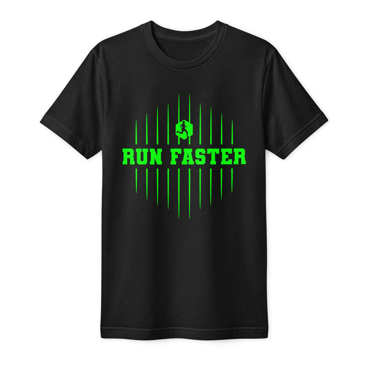 A black short-sleeve crewneck t-shirt with a bright green graphic on the chest featuring the text 'RUN FASTER' and a stylized vertical bar pattern. Run Faster Fine Jersey T-Shirt for Casual Outfits Sportswear Shop the Run Faster Fine Jersey T-Shirt for Casual Outfits for breathable comfort, simple styling, and an effortless everyday fit. Upgrade everyday style with the Run Faster Fine Jersey T-Shirt for Casual Outfits—soft, versatile comfort made for easy, confident wear.