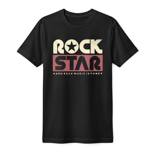 A black short-sleeve crewneck t-shirt featuring a retro graphic on the chest that reads 'ROCK STAR' with 'HARD ROCK MUSIC IS POWER' underneath, displayed on a clean white background. Buy Rock Star Typography Lettering T-Shirt for Casual Wear for Sale Online Shop the Rock Star Typography Lettering T-Shirt for Casual Wear, blending bold graphic style, soft comfort, and effortless everyday appeal. Refresh your wardrobe with the Rock Star Typography Lettering T-Shirt for Casual Wear, designed for easy comfort.